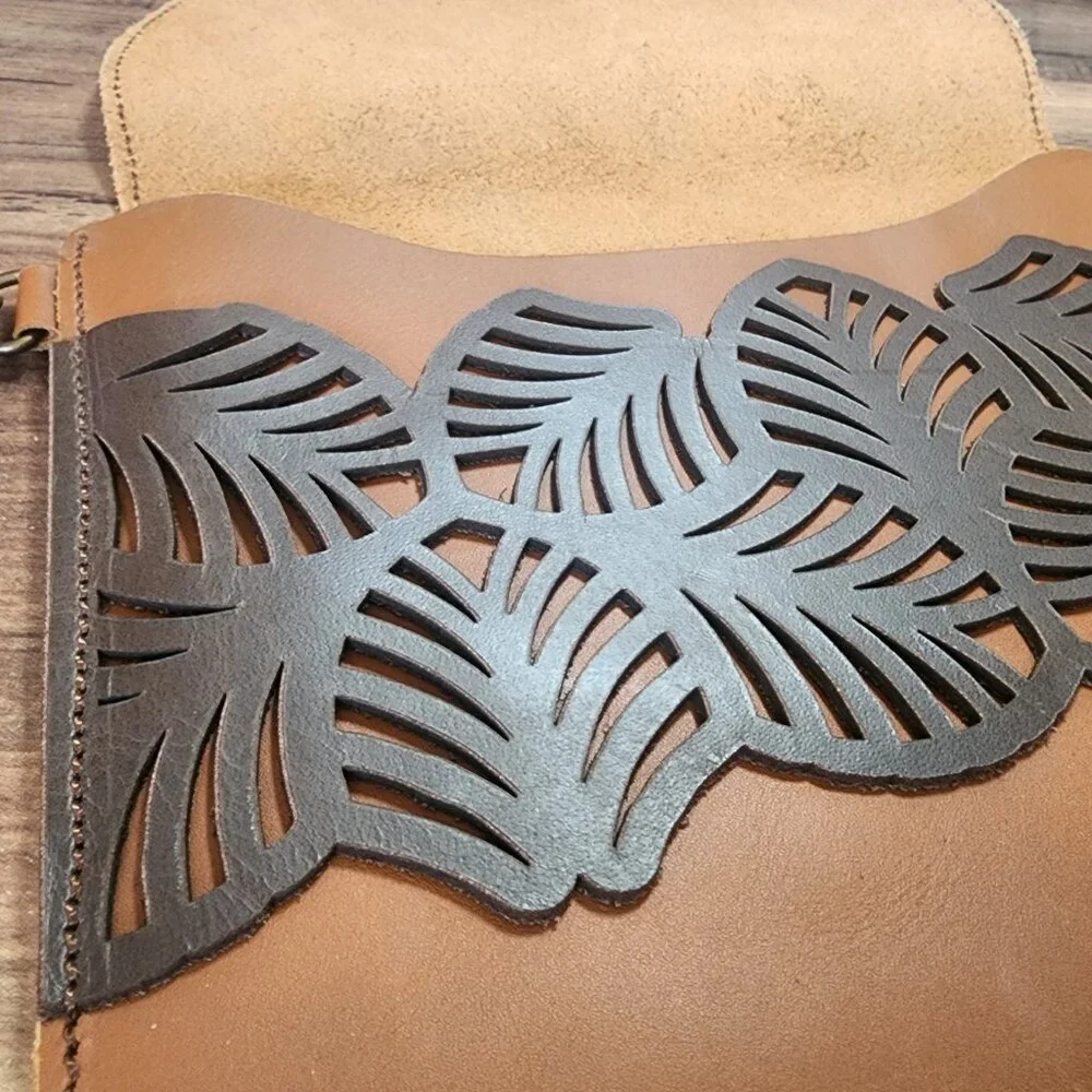 LC Fine Leather Goods Brown Leather Handbag Cutouts Unique Wristlet Clutch EUC‎